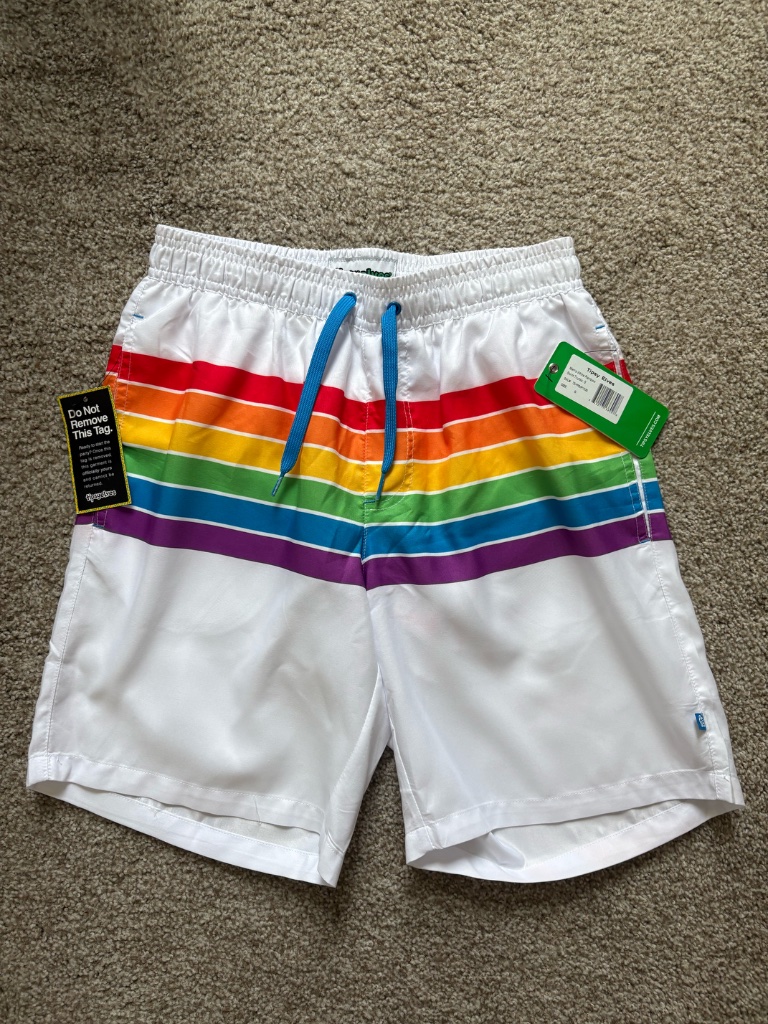 Tipsy Elves Men's White Rainbow Swim Trunks, Size S — image 6 of 7